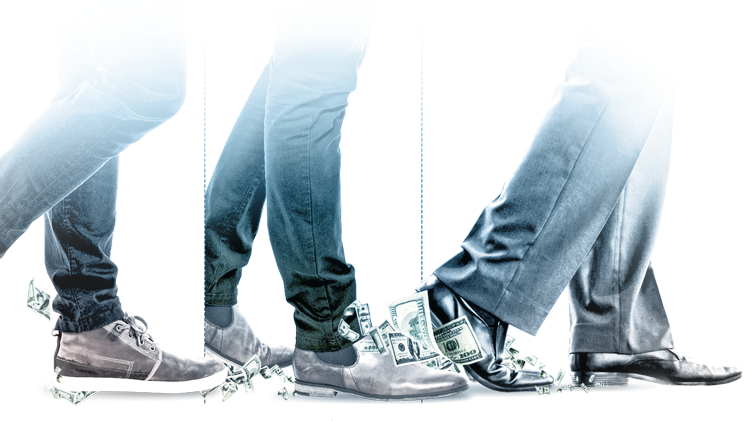 An image of people of a person's legs walking, the shoes becoming more formal, as if over career progression