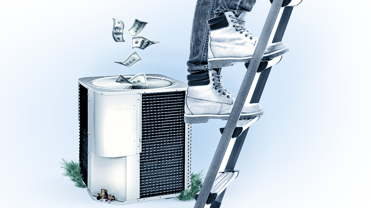 Stylistic image of a person walking up a ladder in front of an A/C unit with money blowing out of it