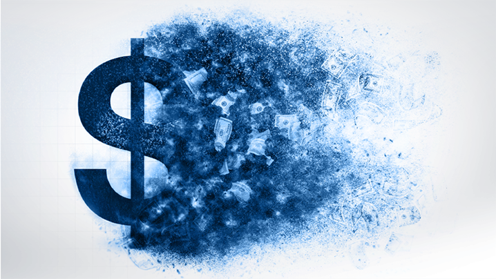 Stylized image of a dollar sign disintegrating.